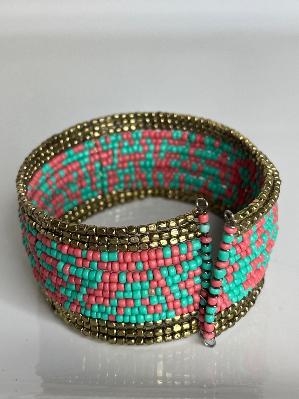 Beaded Turquoise & Coral color Bracelet with Gold Accent, Stretch Wire Opening - Picture 2 of 5